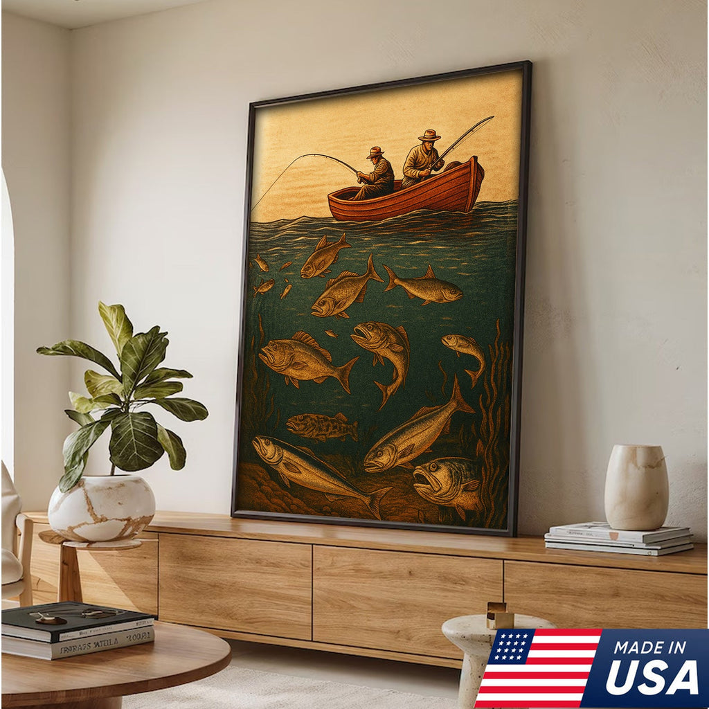 Vintage Fishermen Woodcut Wall Art – Retro Fishing Canvas Print