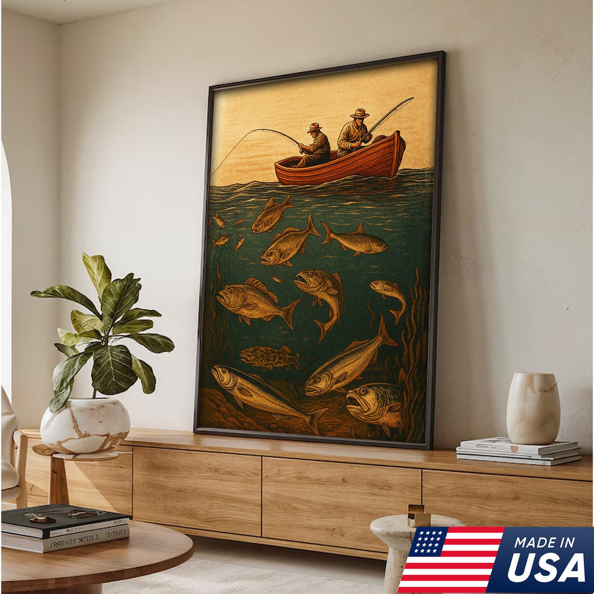 Vintage Fishermen Woodcut Wall Art – Retro Fishing Canvas Print