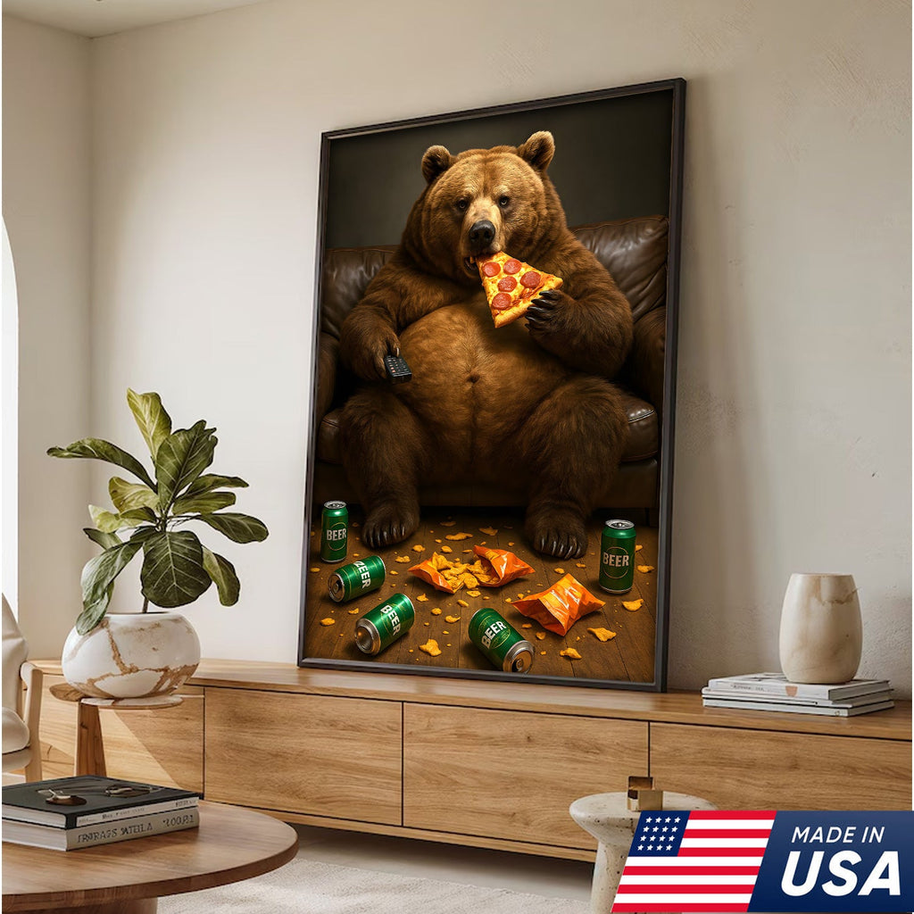 Funny Bear Eating Pizza Canvas Wall Art – Lazy Beer Lover Animal Canvas, Man Cave