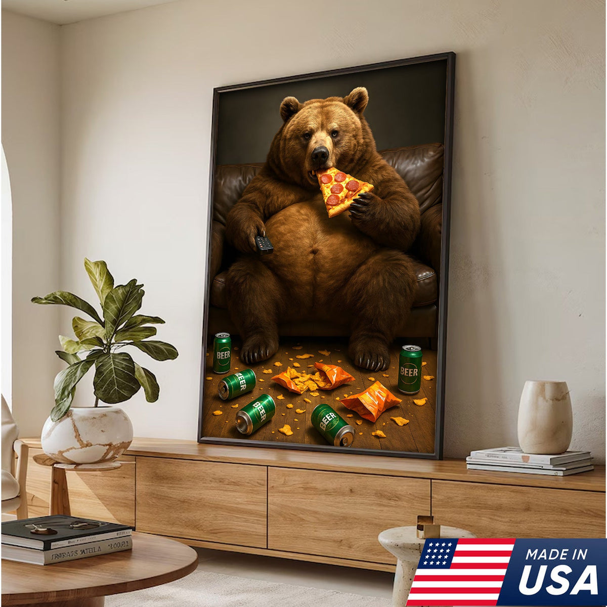 Funny Bear Eating Pizza Canvas Wall Art – Lazy Beer Lover Animal Canvas, Man Cave
