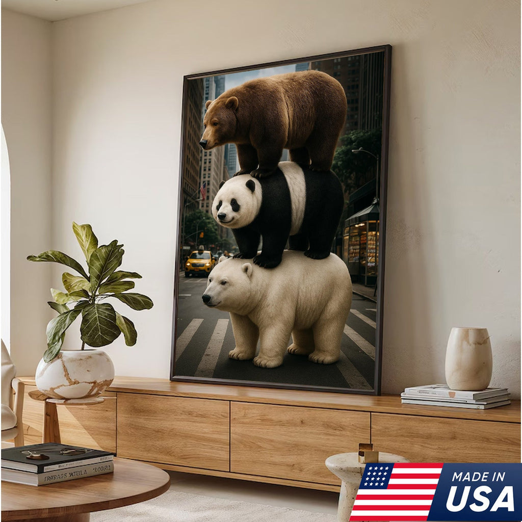 Bear Stack Canvas Wall Art, Cute Polar Panda Brown Bear in City Street Print