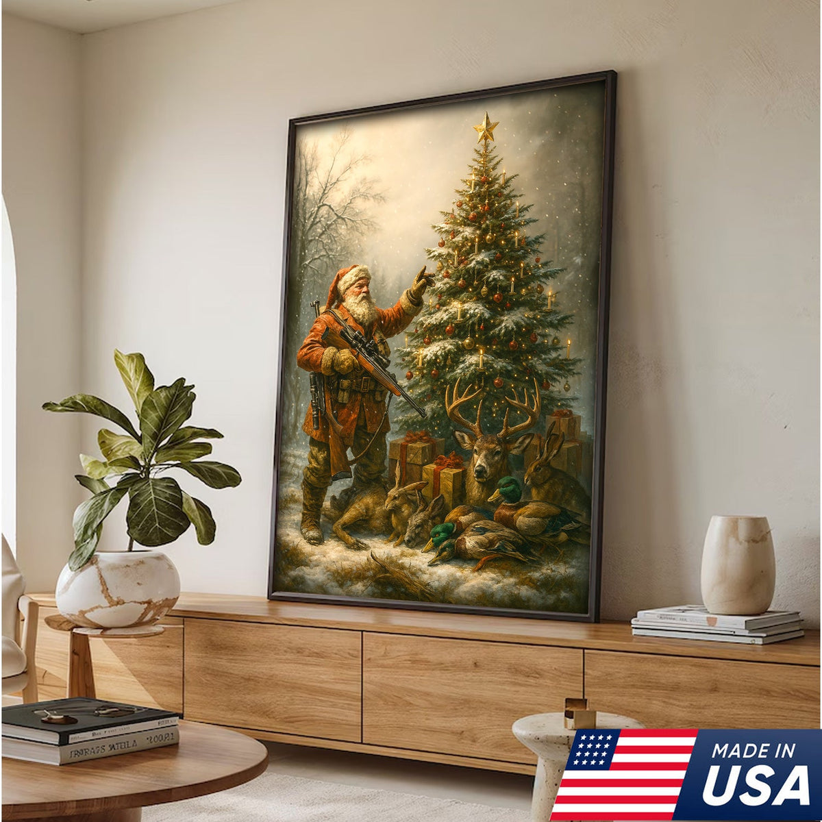 Santa Hunter Christmas Wall Art – Rustic Holiday Canvas for Cabin, Farmhouse & Hunter Decor