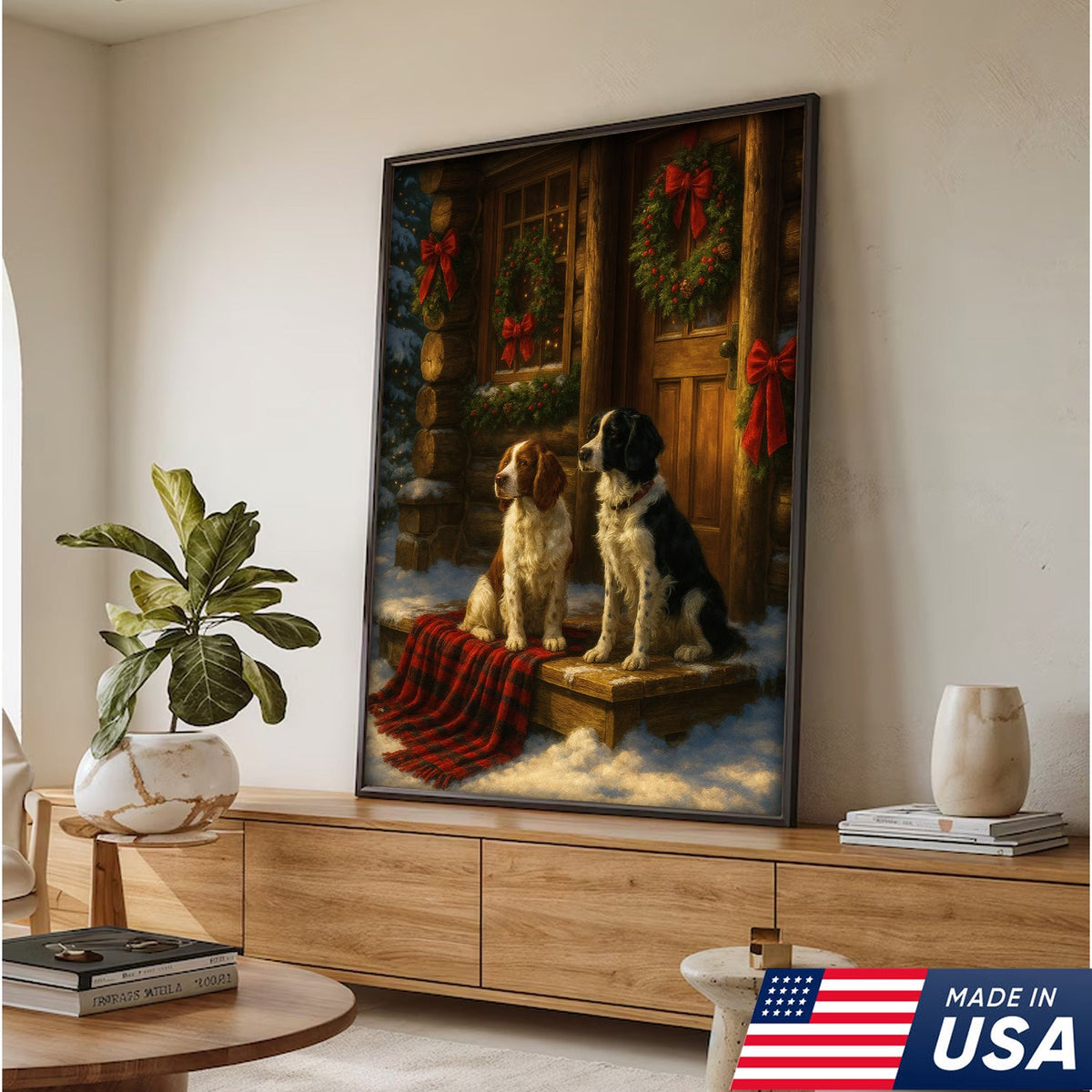 Christmas Dogs Canvas Wall Art, Winter Cabin Decor, Holiday Dog Print