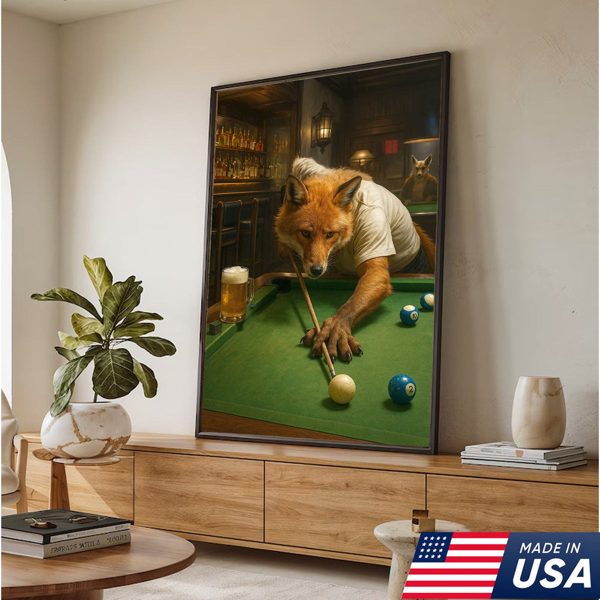Fox Playing Pool Canvas Wall Art, Funny Billiards Room Decor, Game Room & Pool Hall Gift