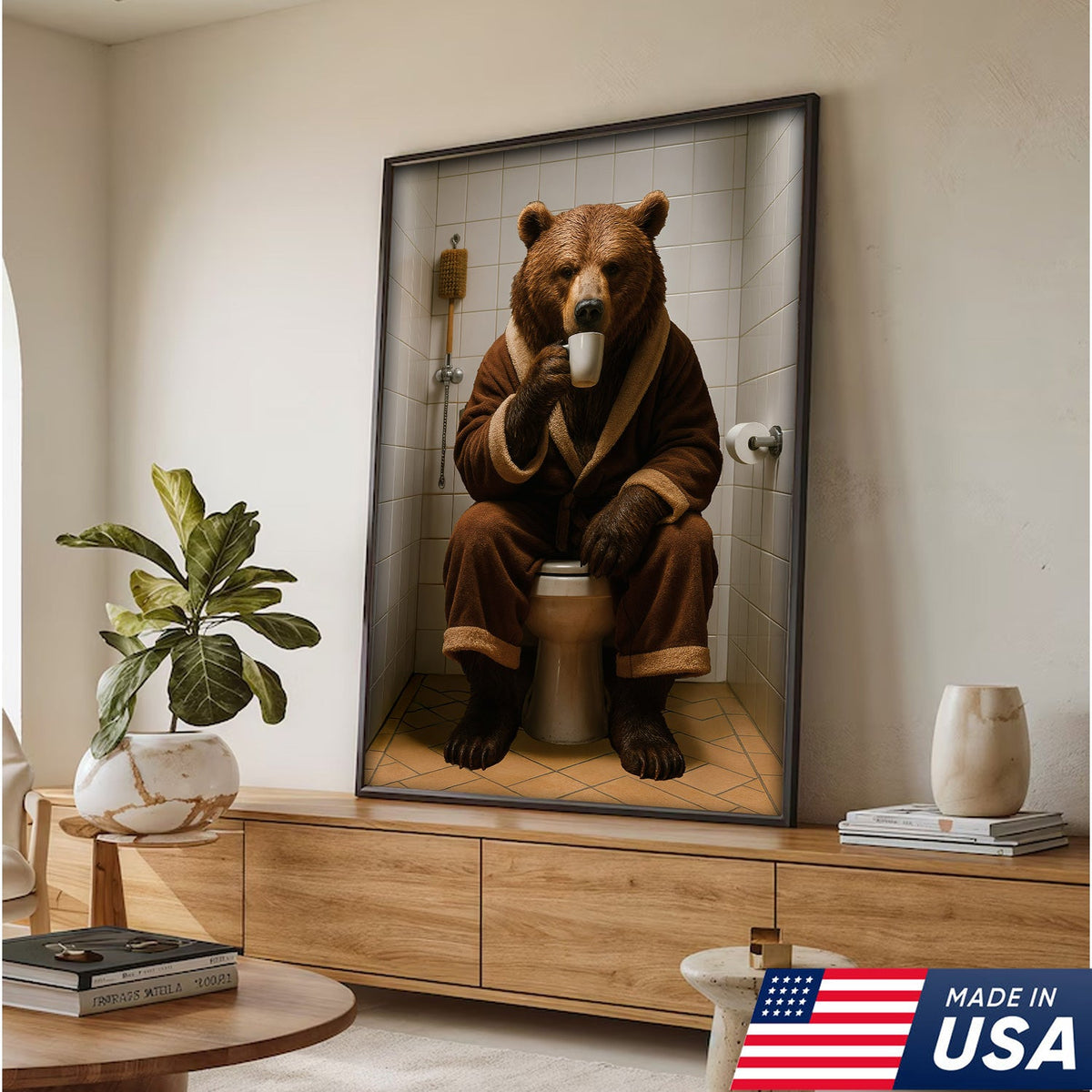 Hilarious Bear Toilet Canvas Wall Art – Morning Coffee, Quirky Bathroom Humor