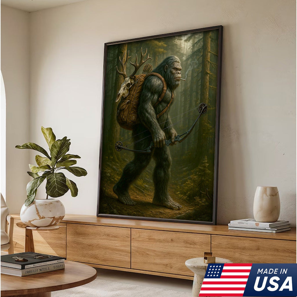 Bigfoot Hunter Canvas, Forest Archery Wall Art, Rustic Woodland Decor for Outdoor Adventure Lovers