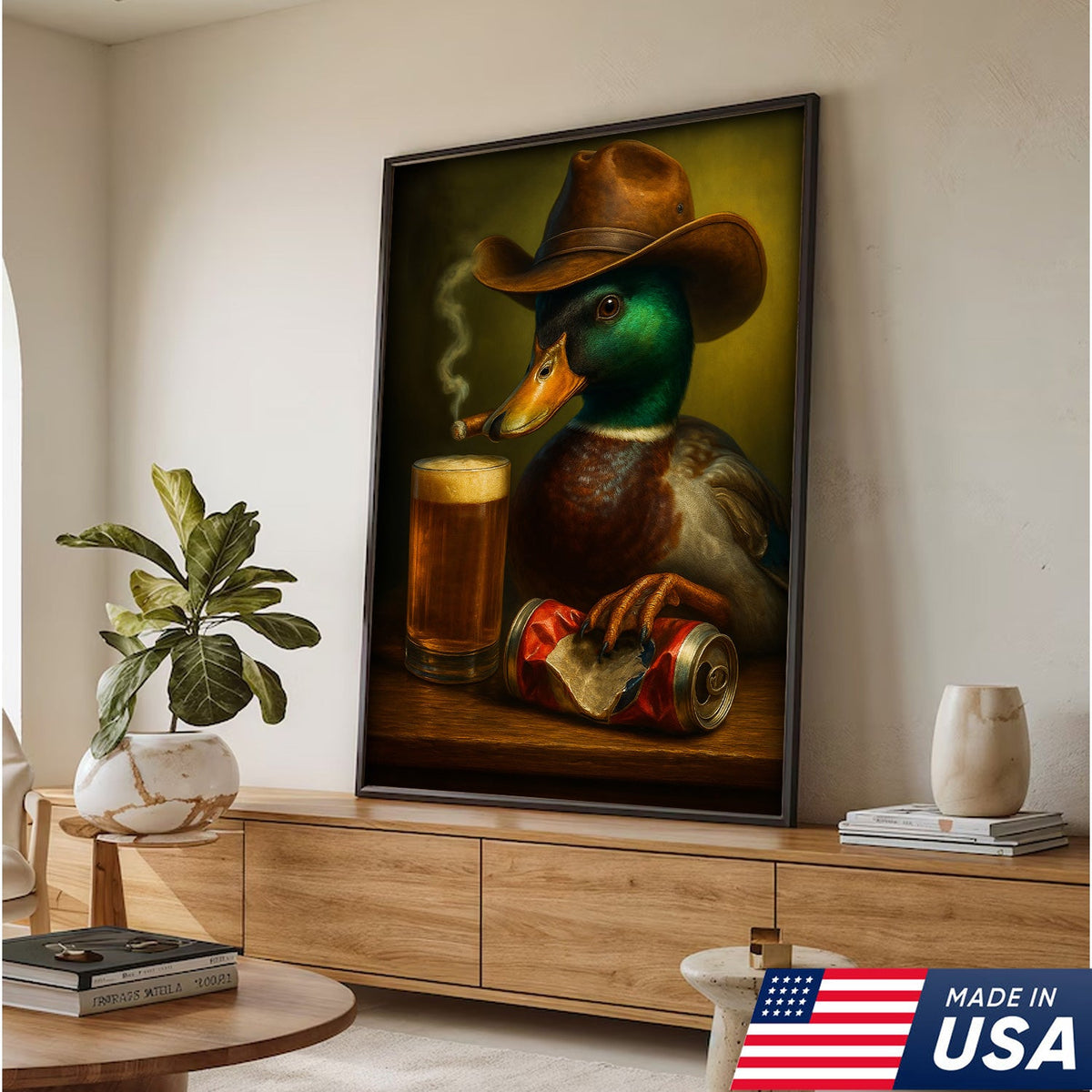 Duck Cowboy Canvas Wall Art – Funny Rustic Beer Decor for Waterfowl Hunters & Cabins