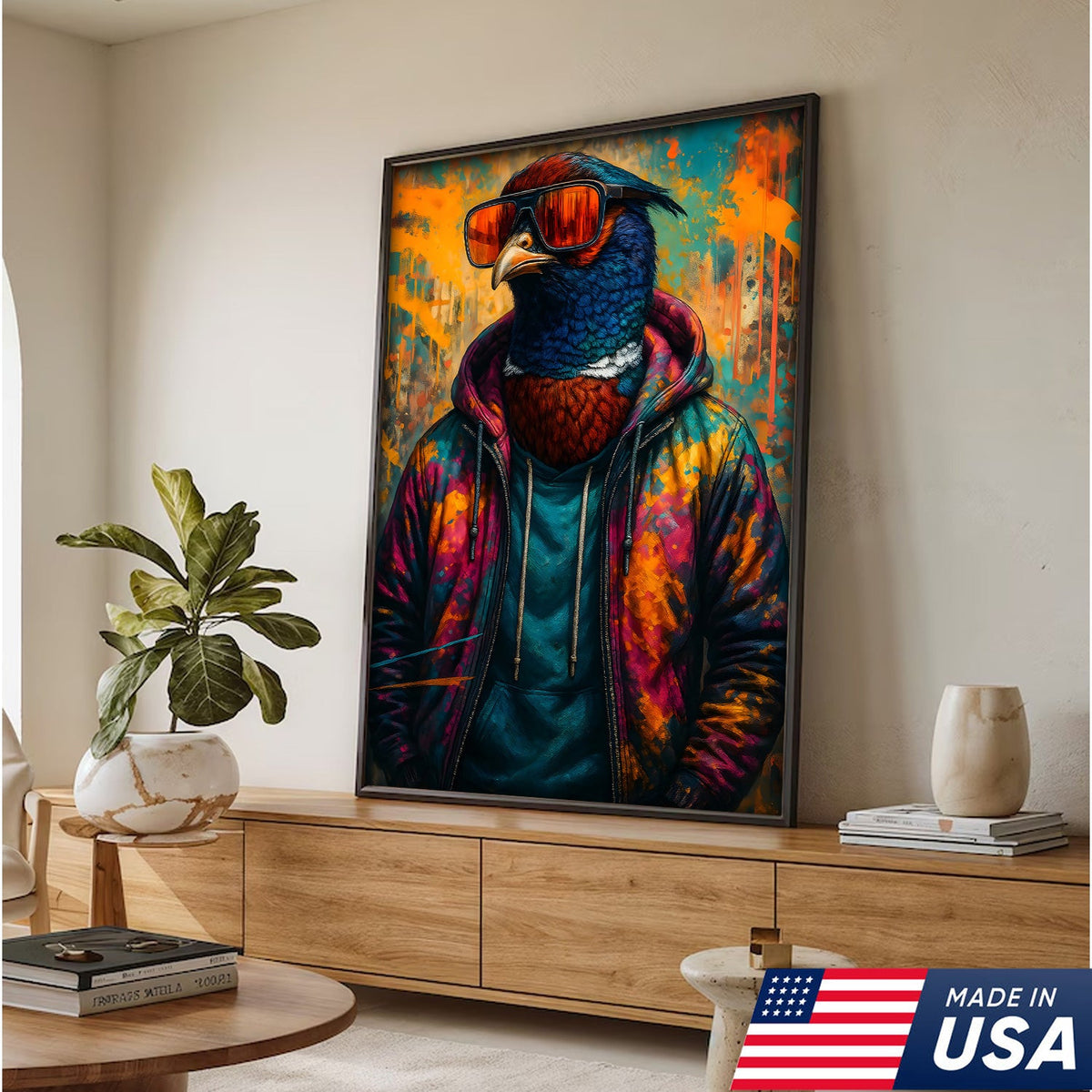 Cool Pheasant Wall Art – Hipster Bird in Hoodie Canvas Print, Urban Street Style Home Decor Gift