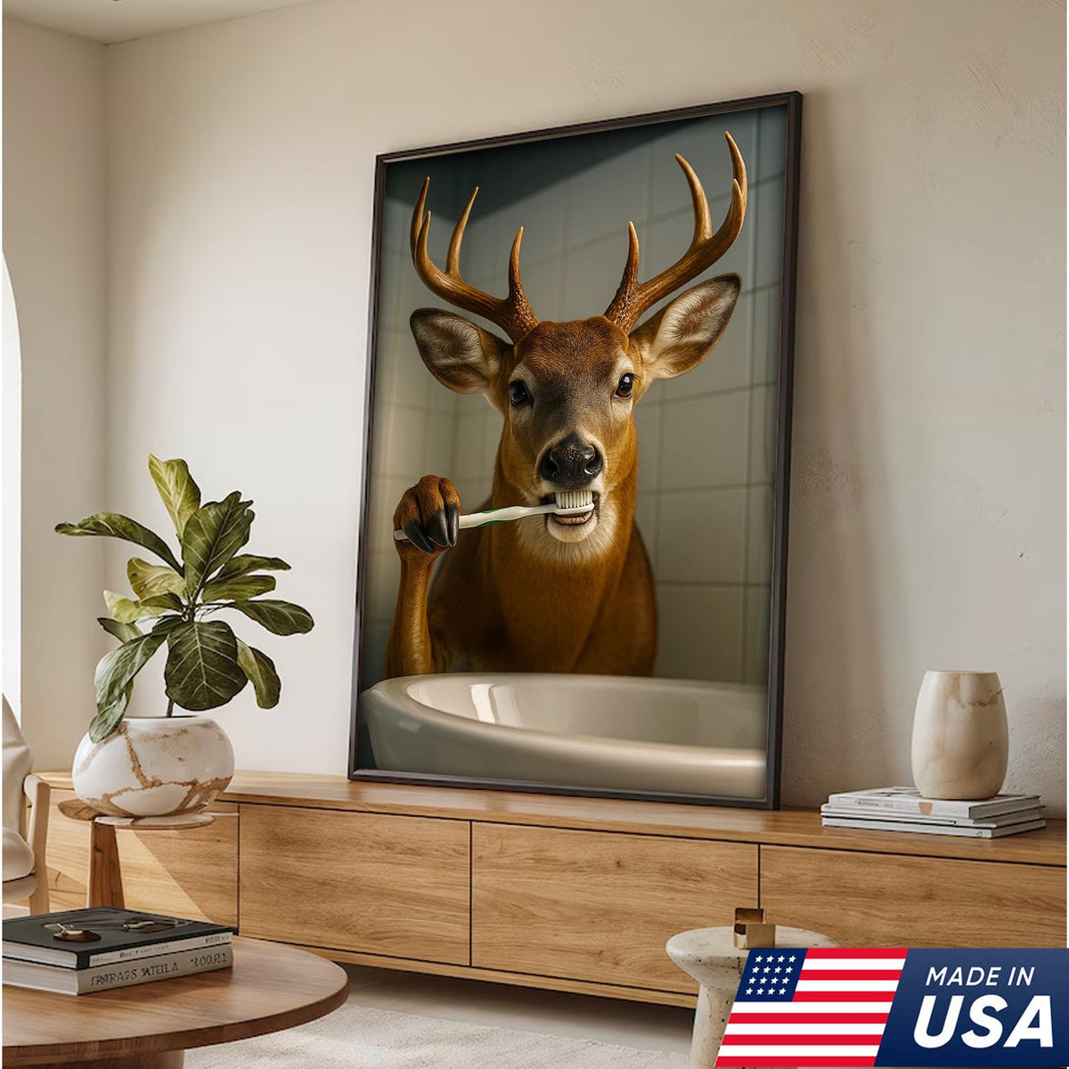 Deer Canvas Wall Art – Funny Buck Brushing Teeth Unique Bathroom Decor for Hunters