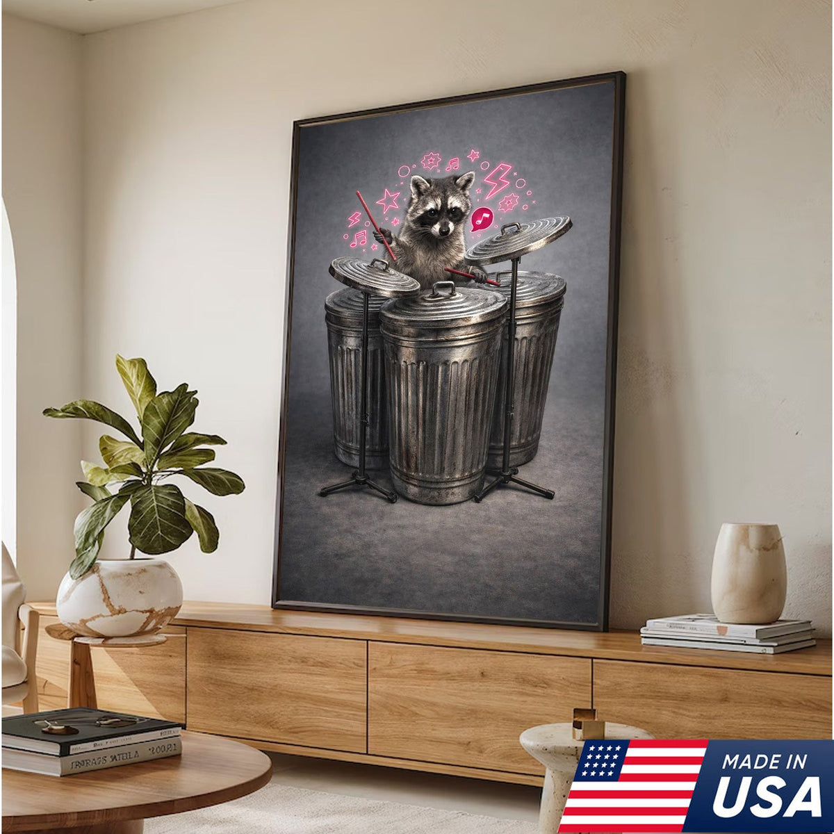 Funny Drummer Raccoon Wall Art Canvas Print, Music Lover Animal Illustration