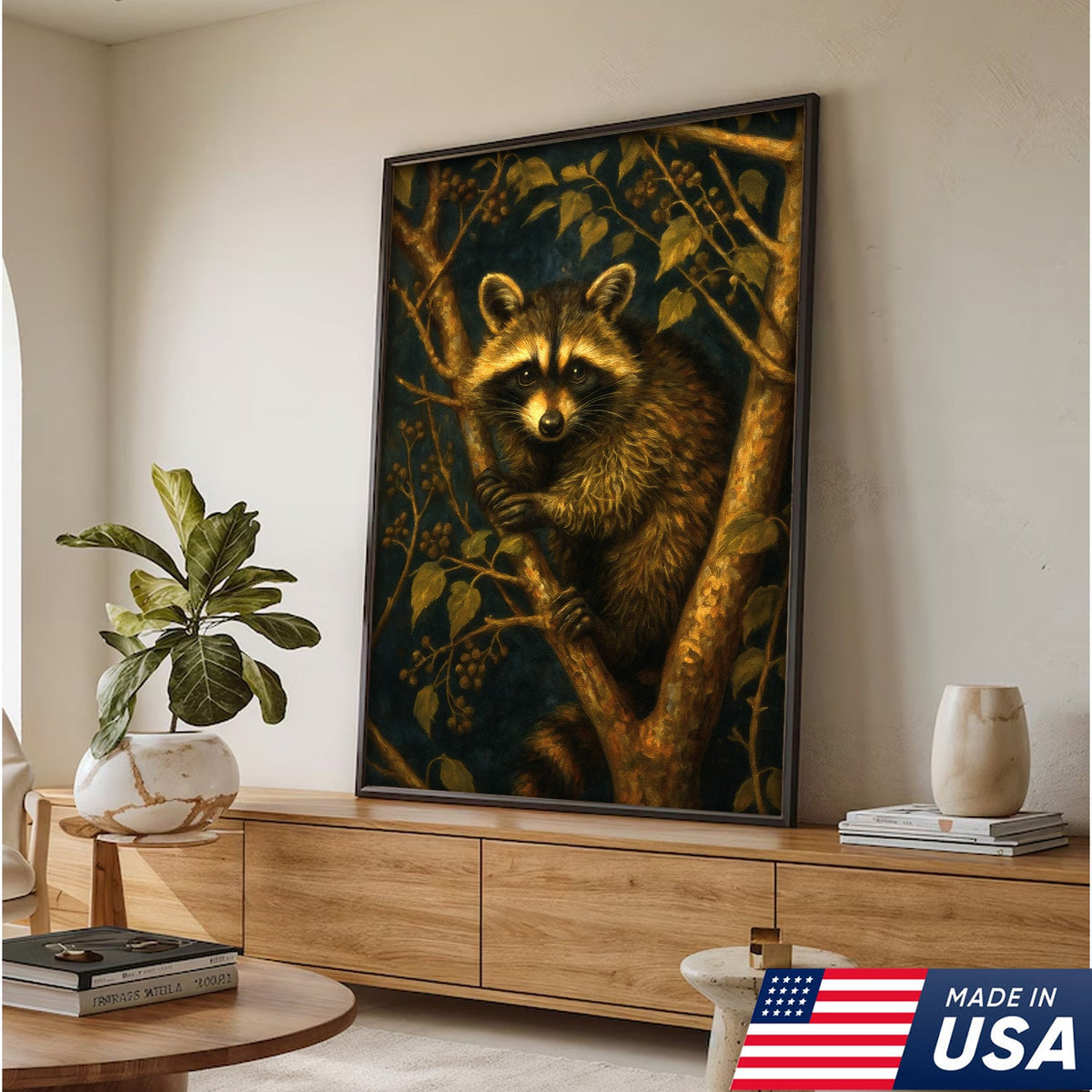 Raccoon Canvas Wall Art – Forest Night Wildlife, Rustic Lodge Decor, Gift for Animal Lovers