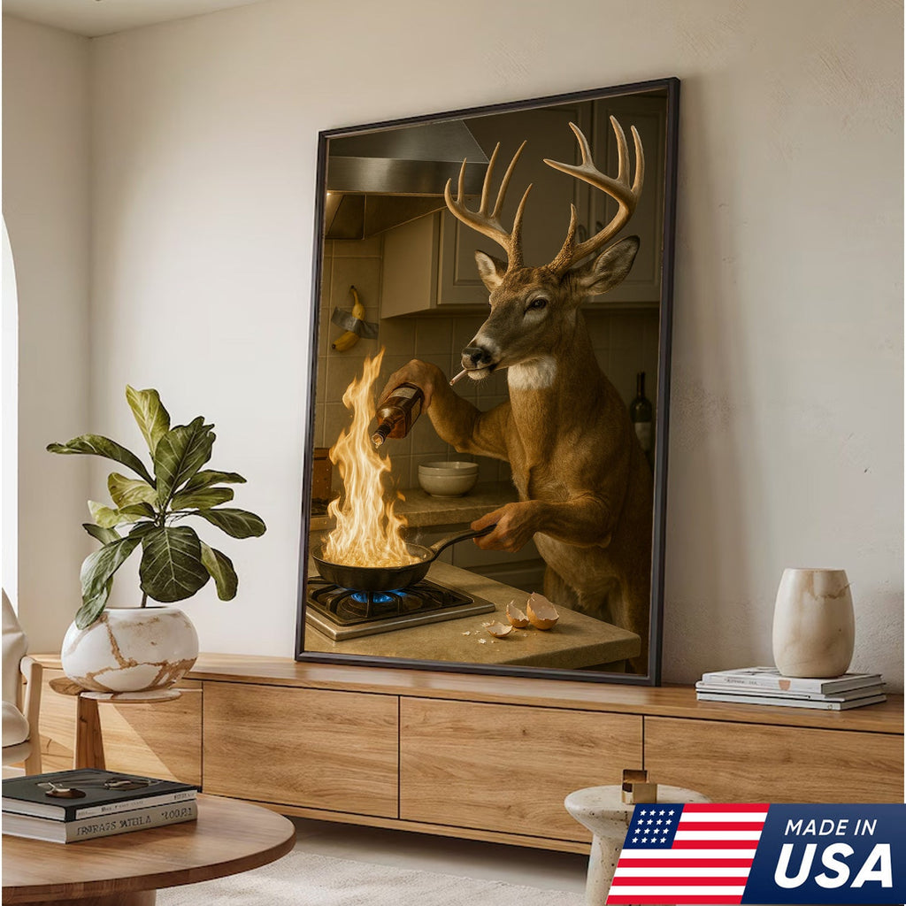 Funny Deer Cooking Canvas, Hilarious Buck Chef Wall Art, Rustic Humor Decor for Cabin