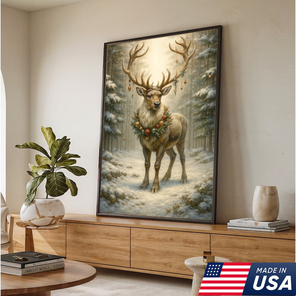 Christmas Reindeer Canvas Wall Art, Majestic Deer with Ornament Wreath in Snowy Forest