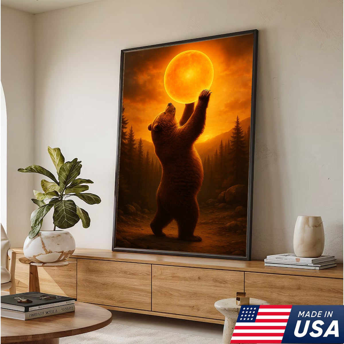 Bear Holding the Sun Canvas Art – Sunset Wilderness Wall Decor for Cabin & Home