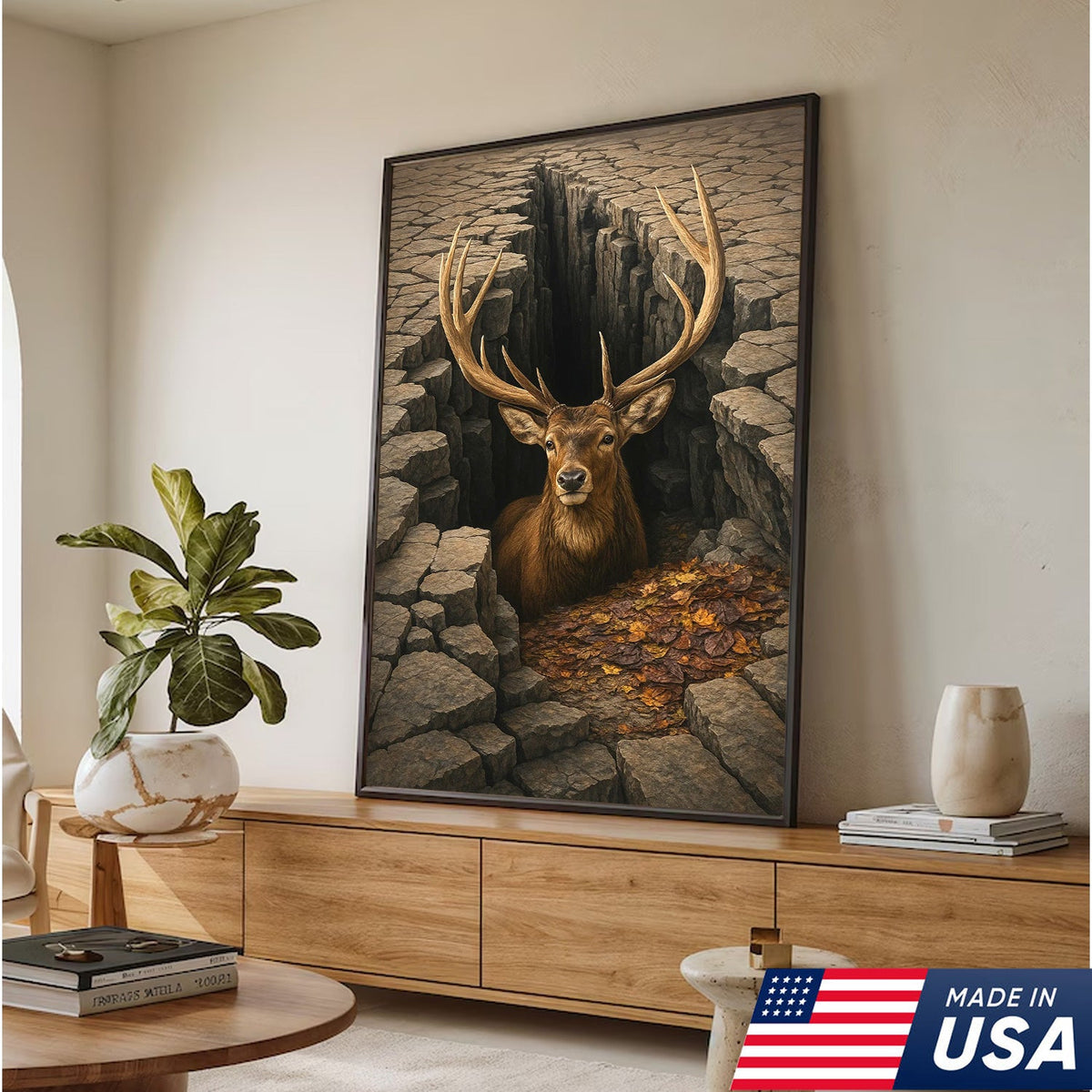 Epic Deer Canvas Art – Majestic Buck Emerging from Cracked Earth