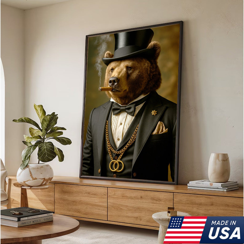 Bear Gentleman Wall Art Canvas – Fancy Suit & Cigar Canvas Print for Home Bar, Man Cave Decor