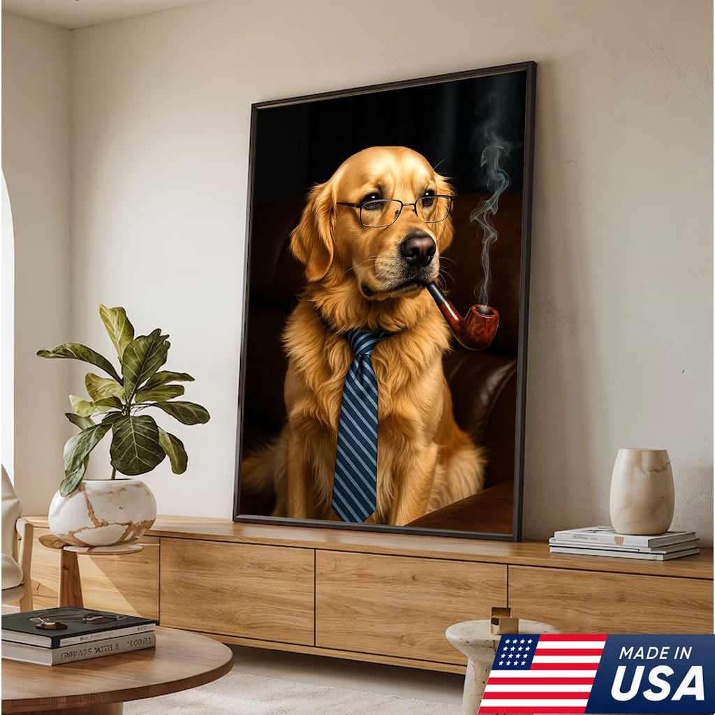 Gentleman Dog Canvas Art – Golden Retriever in Glasses & Tie with Pipe