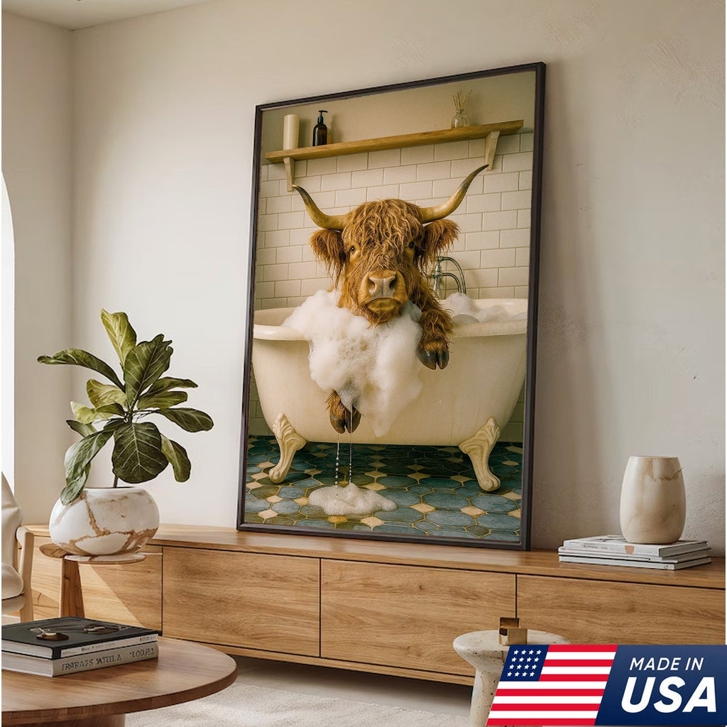 Highland Cow Bubble Bath Canvas Wall Art, Funny Farmhouse Bathroom Decor