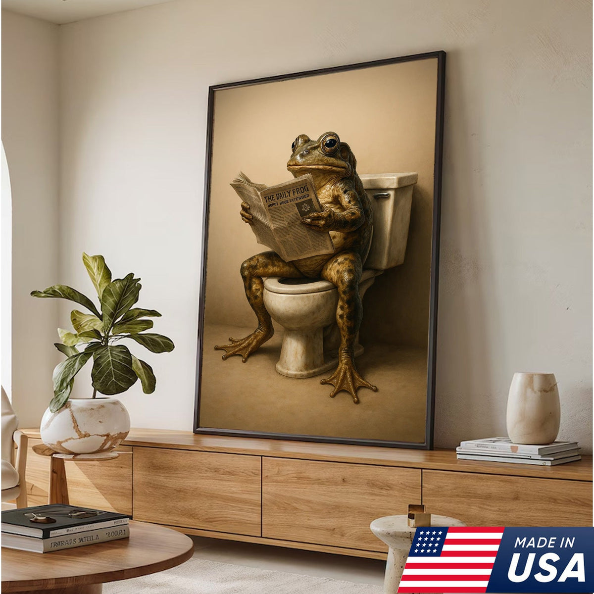 Funny Frog Bathroom Canvas Wall Art, Frog Reading Newspaper on Toilet