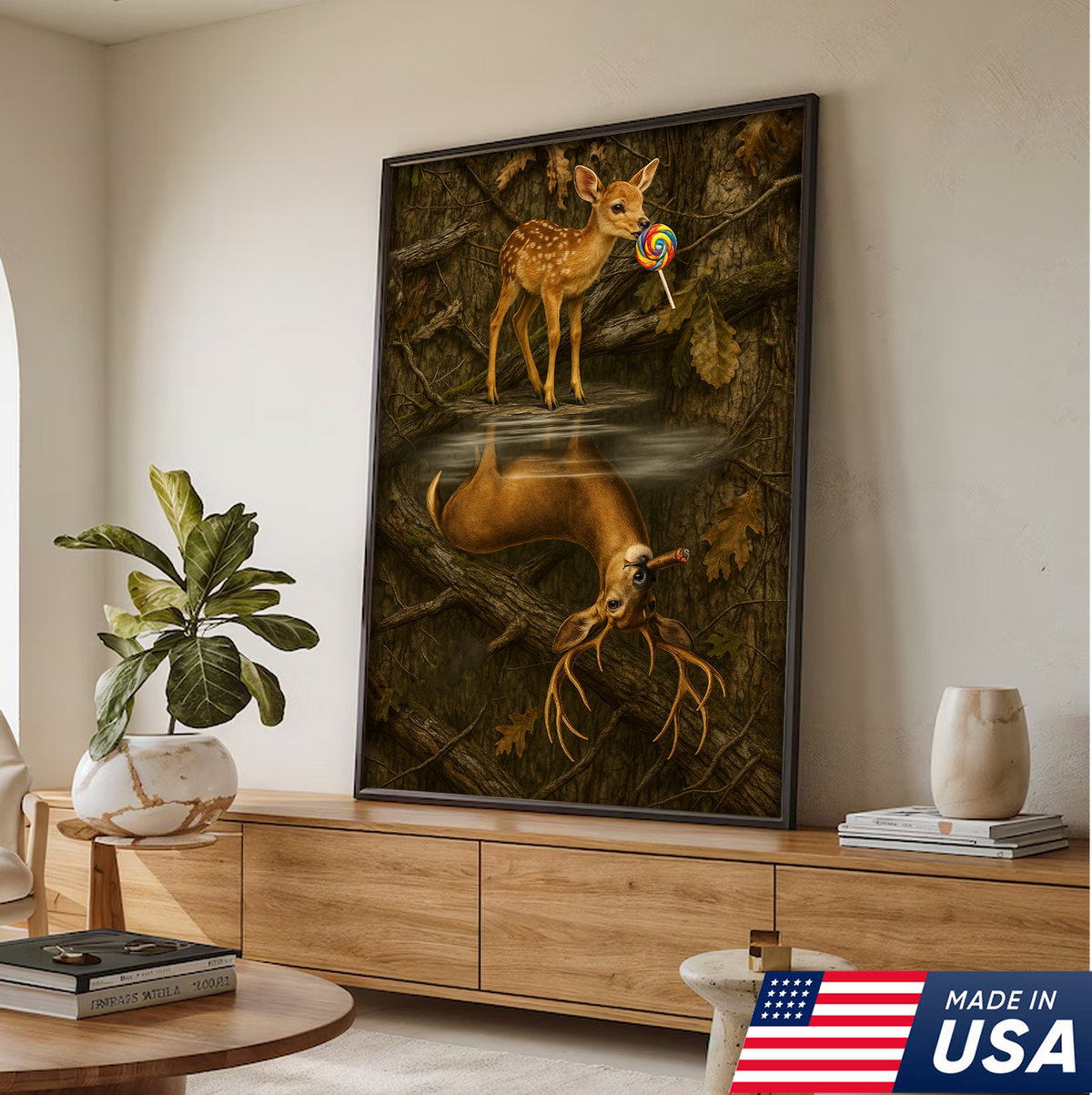 Whimsical Deer Reflection Canvas Art - Cute Fawn with Lollipop Forest Scene