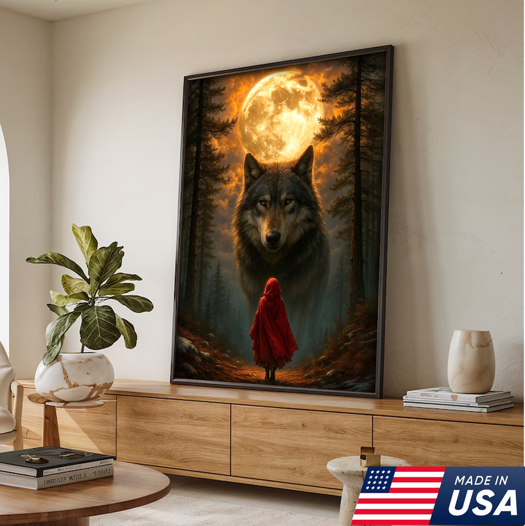 Wolf and Little Red Riding Hood Canvas Wall Art – Fantasy Moonlit Forest Scene