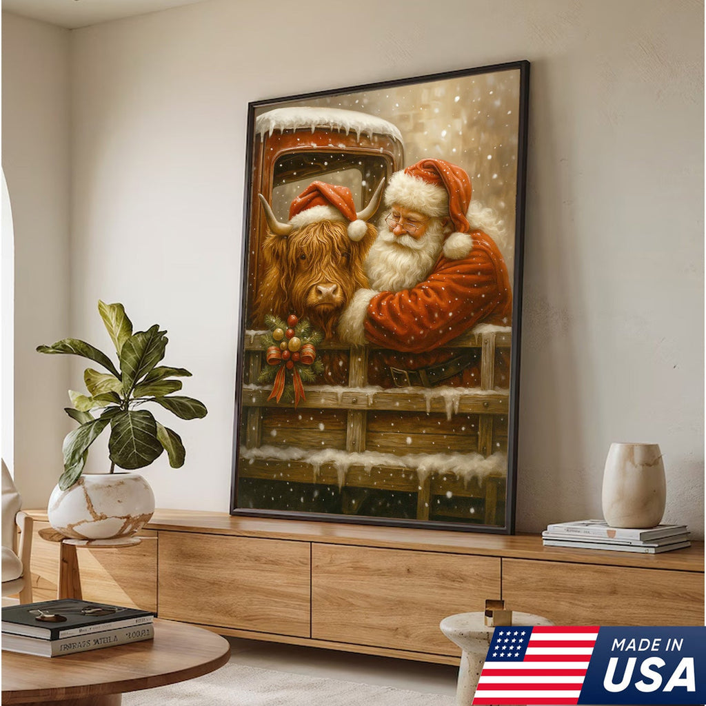 Santa and Highland Cow Christmas Canvas Wall Art, Rustic Farmhouse Holiday Truck Print