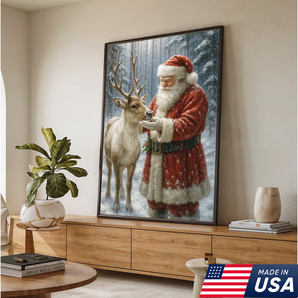 Santa and Reindeer Christmas Canvas Wall Art, Rustic Snowy Forest Holiday Print