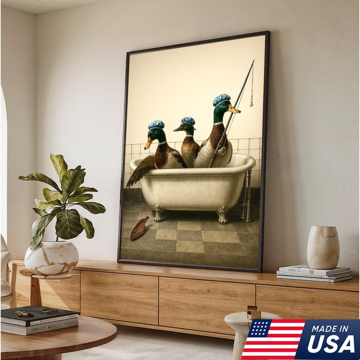 Fishing Ducks Canvas Art – Funny Trio of Ducks in Bathtub with Rod