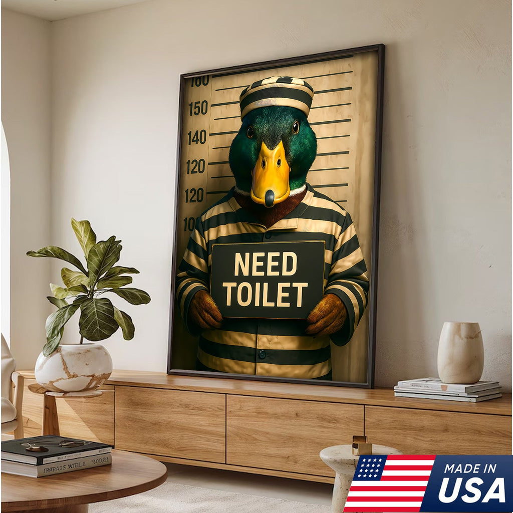 Funny Duck Mugshot Canvas – Bathroom Wall Art for Men, Toilet Humor Decor, Gag Gift Idea