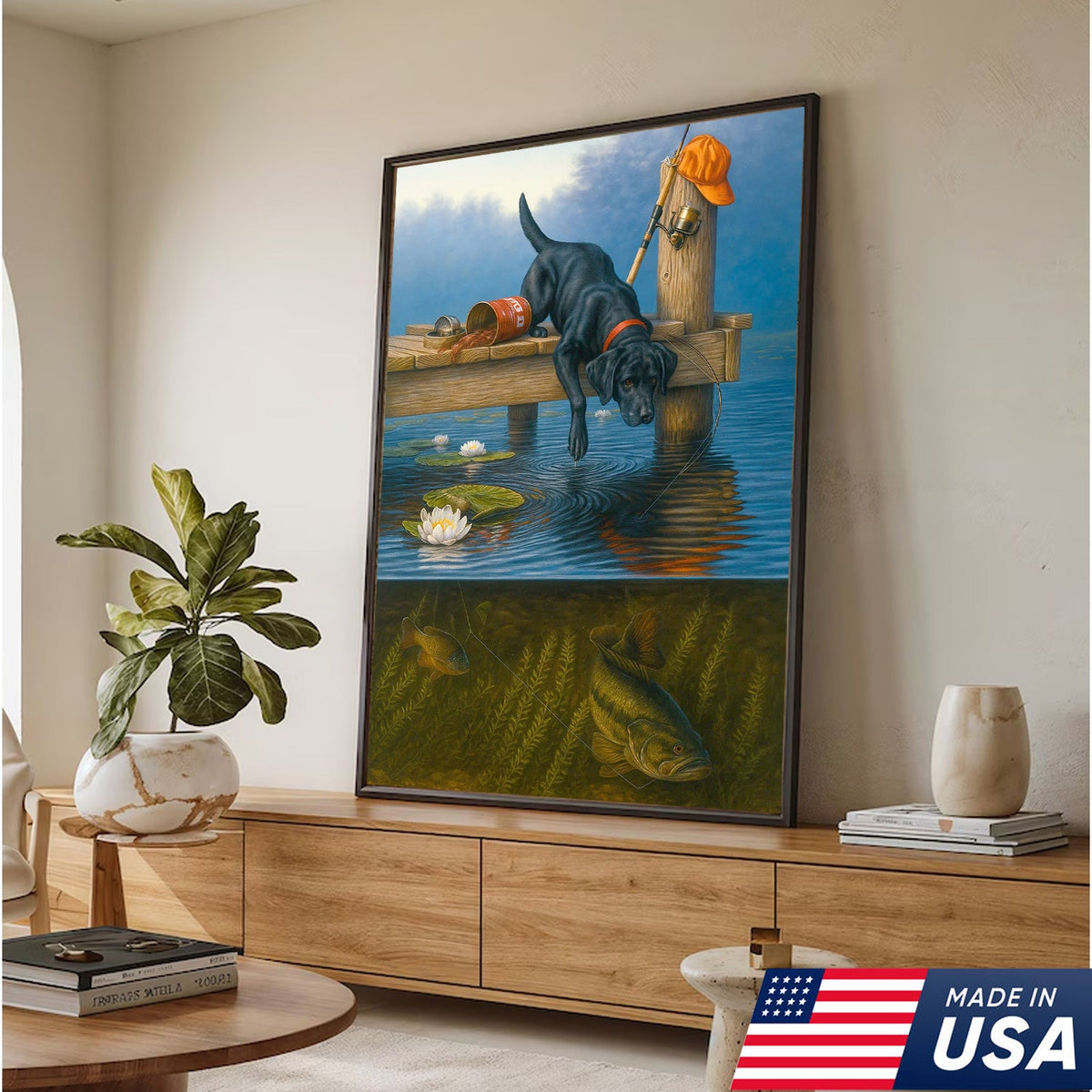 Black Lab Fishing Dock Canvas Wall Art, Lake House Decor, Bass Fish Underwater Split View