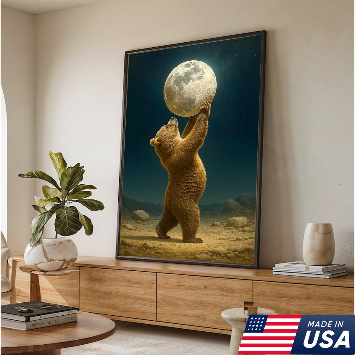 Bear Holding Full Moon Canvas Wall Art, Surreal Night Sky Decor, Rustic Cabin Nature Print
