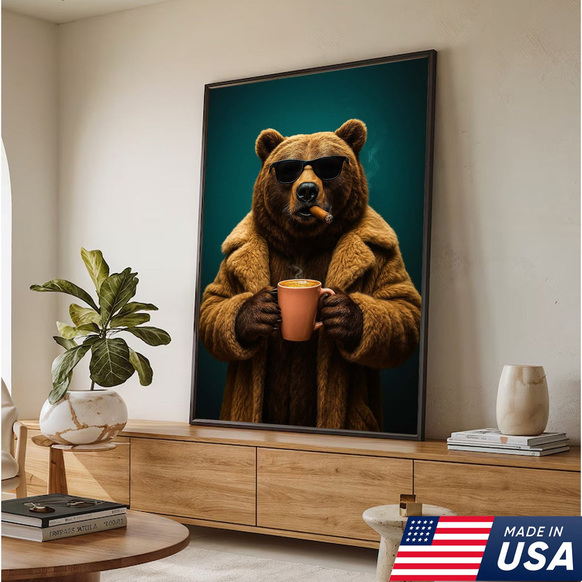 Cool Bear Wall Art Canvas - Smoking Bear Print, Funny Cigar Bear Decor