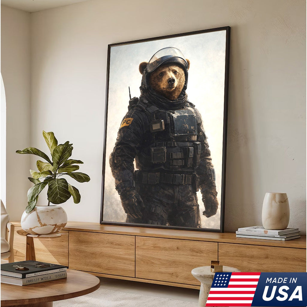 Tactical Bear Soldier Canvas Wall Art – Realistic Military Animal Print