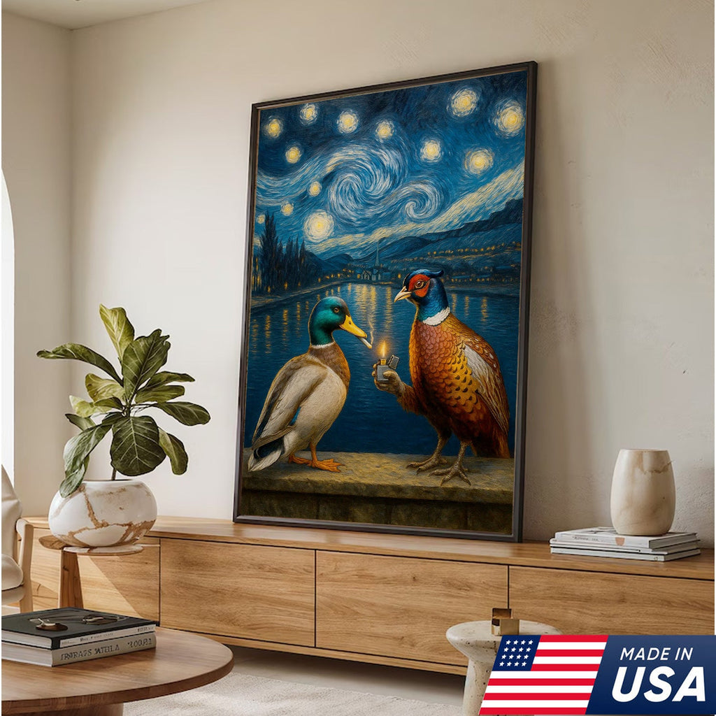 Starry Night Duck and Pheasant Canvas Wall Art, Van Gogh Inspired Wildlife Painting
