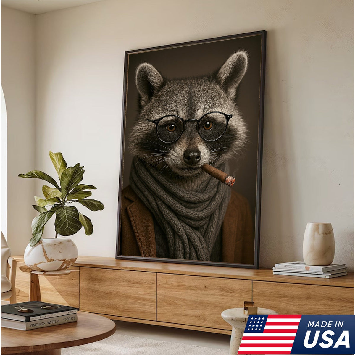 Gentleman Raccoon Cigar Wall Art Canvas – Stylish Animal Portrait for Bar
