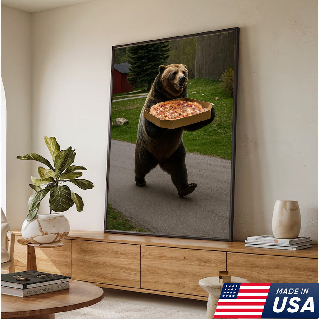 Funny Bear Pizza Canvas Wall Art, Humorous Kitchen Foodie Decor Print