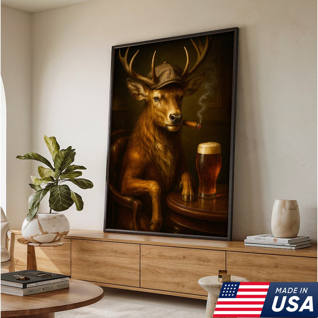 Classy Deer Smoking Cigar Canvas – Rustic Beer Lover Wall Art for Cabin & Man Cave