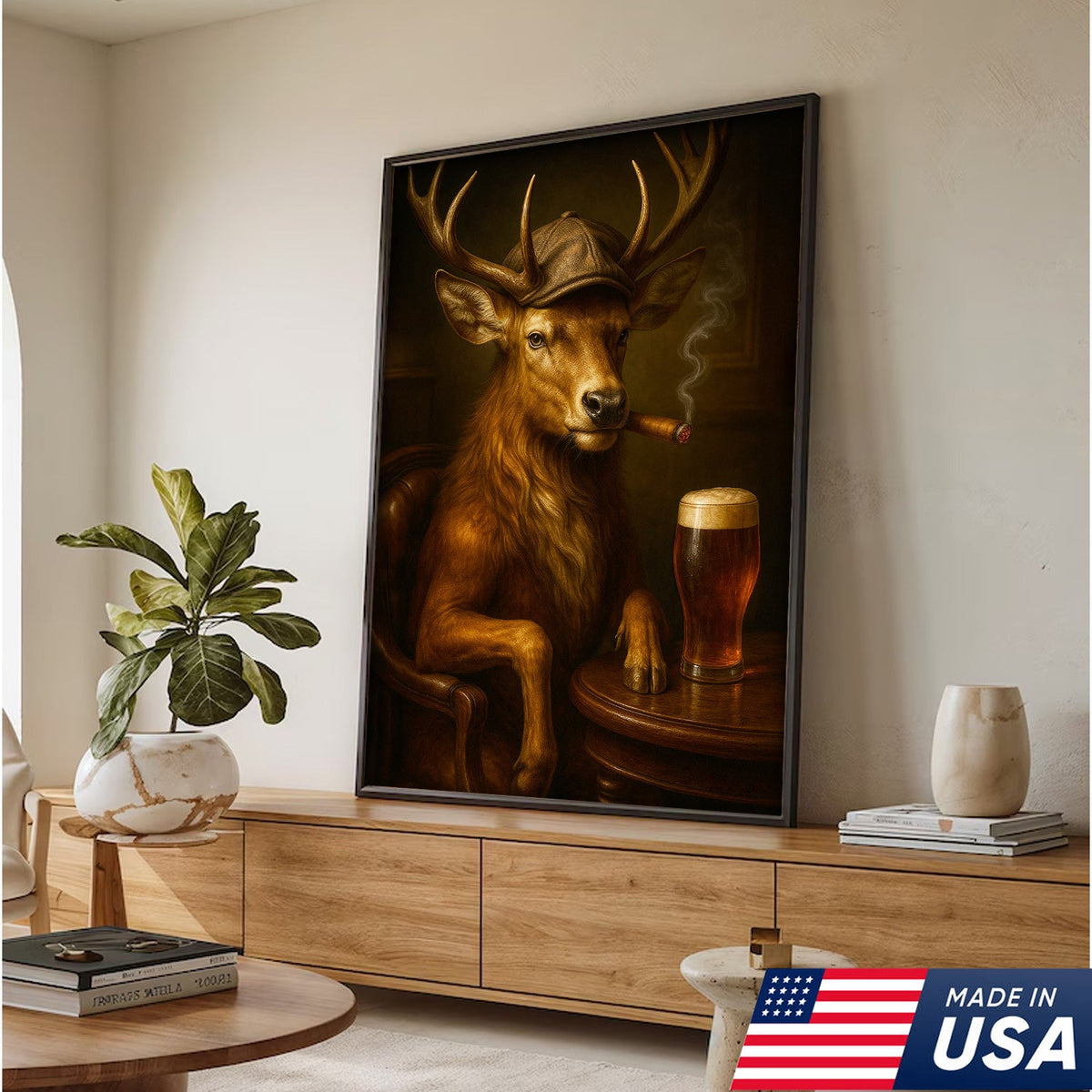 Classy Deer Smoking Cigar Canvas – Rustic Beer Lover Wall Art for Cabin & Man Cave