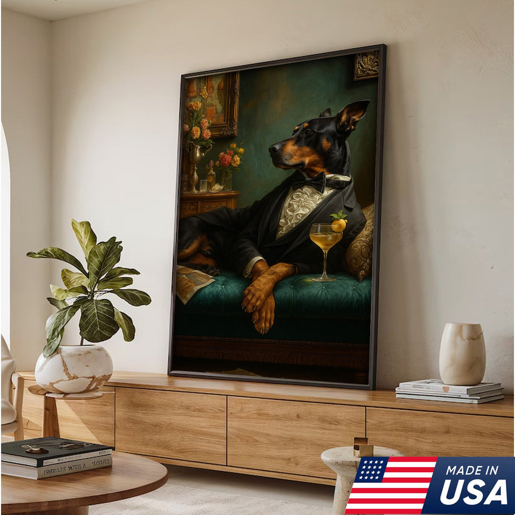 Elegant Doberman Gentleman Wall Art Canvas – Vintage Dog Portrait for Home Bar