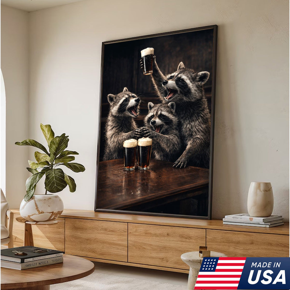 Funny Party Raccoon Wall Art Canvas Print, Wild Friends Celebration Animal Illustration
