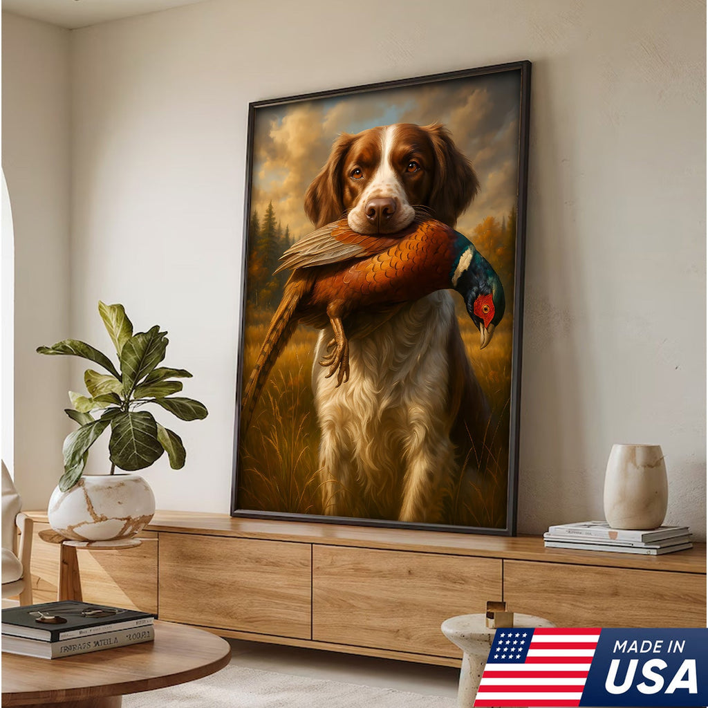 Upland Hunting Dog Canvas Wall Art – Brittany with Pheasant, Rustic Cabin Decor