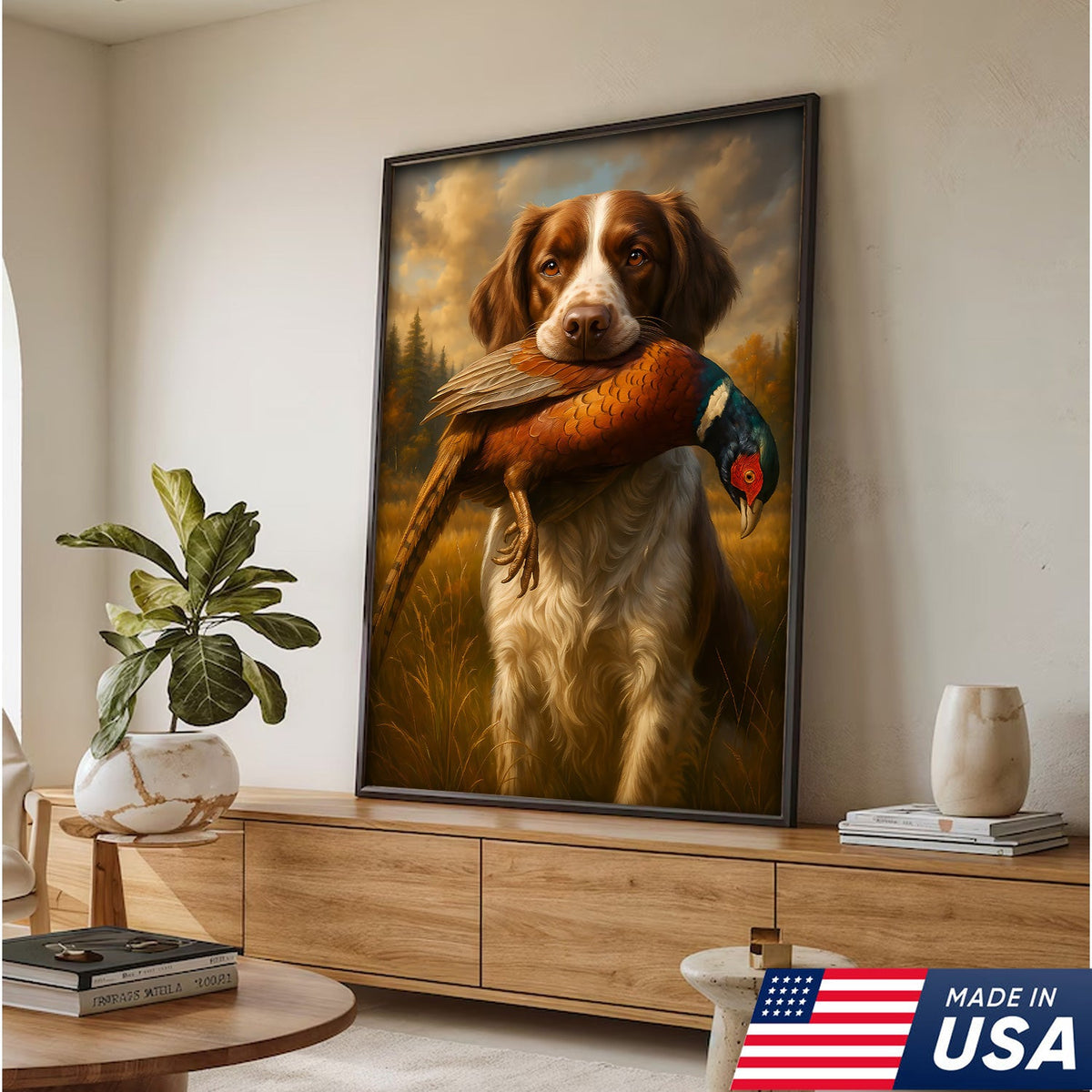 Upland Hunting Dog Canvas Wall Art – Brittany with Pheasant, Rustic Cabin Decor