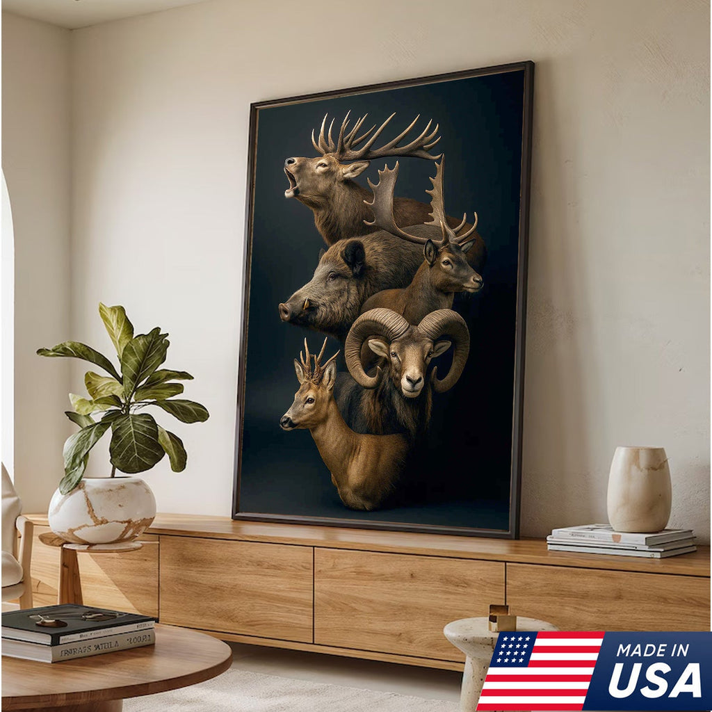 Wild Game Animal Canvas Wall Art, Deer Boar Ram Elk Artwork, Rustic Cabin Decor for Hunters