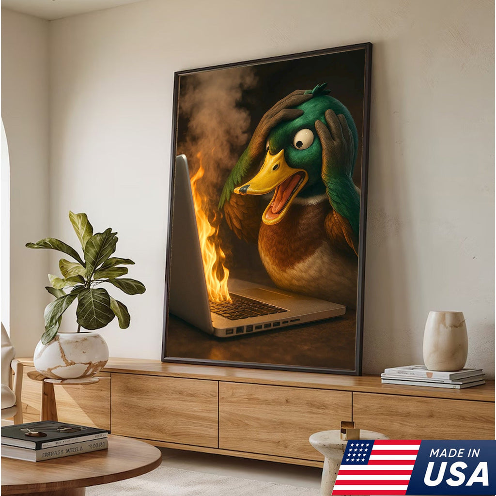Funny Duck Screaming at Burning Laptop Canvas Wall Art, Hilarious Tech Fail Gift