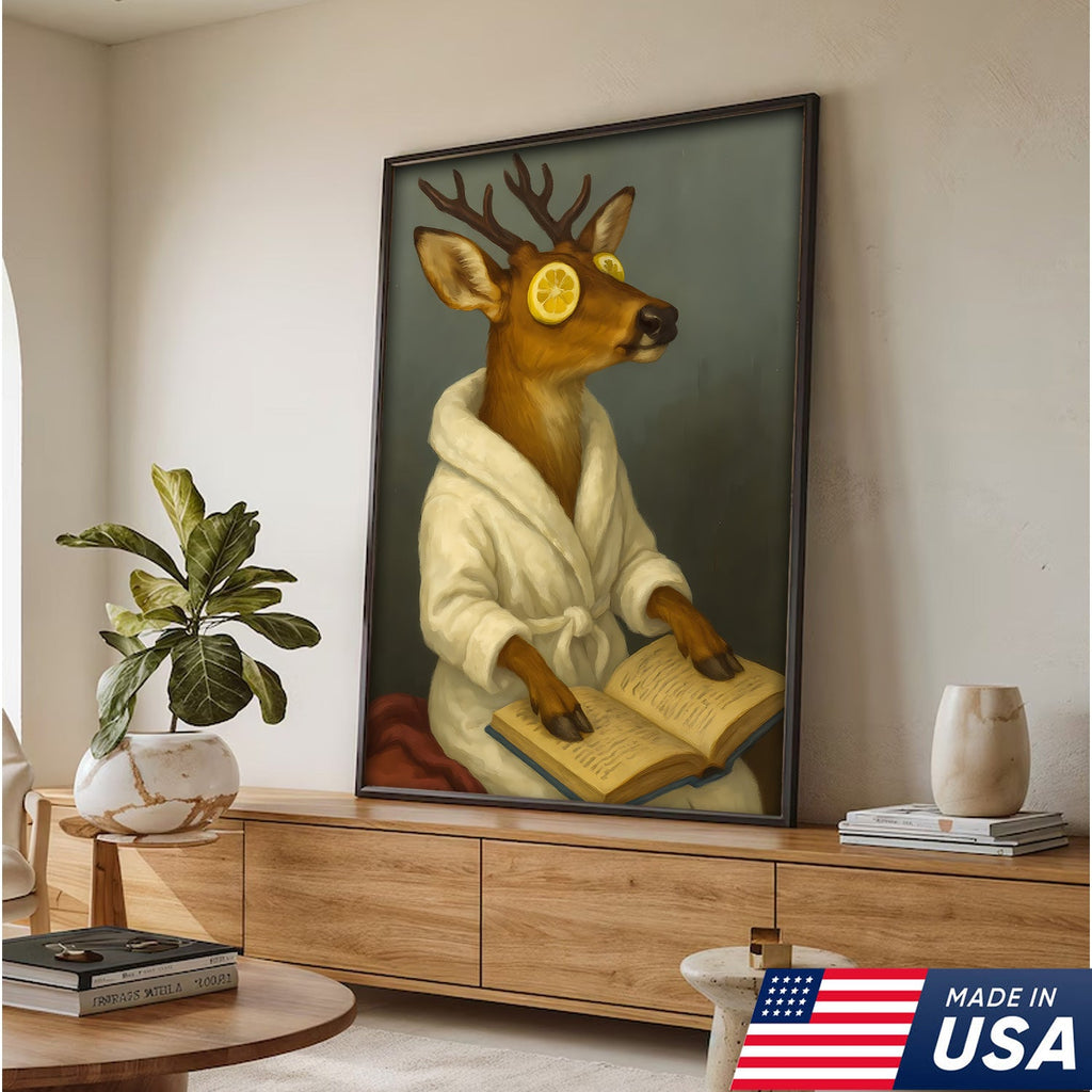 Funny Deer Spa Portrait Wall Art – Relaxing Deer With Lemon Eyes, Whimsical Animal Painting