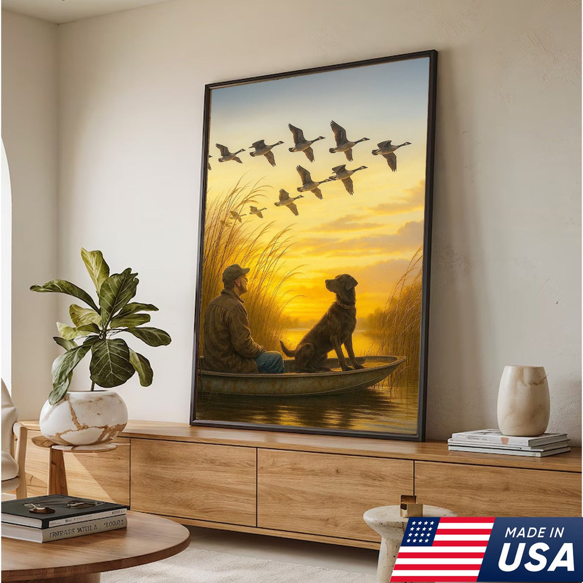 Waterfowl Hunting Wall Art – Duck Flock at Dawn, Hunter & Retriever In Boat, Rustic Decor