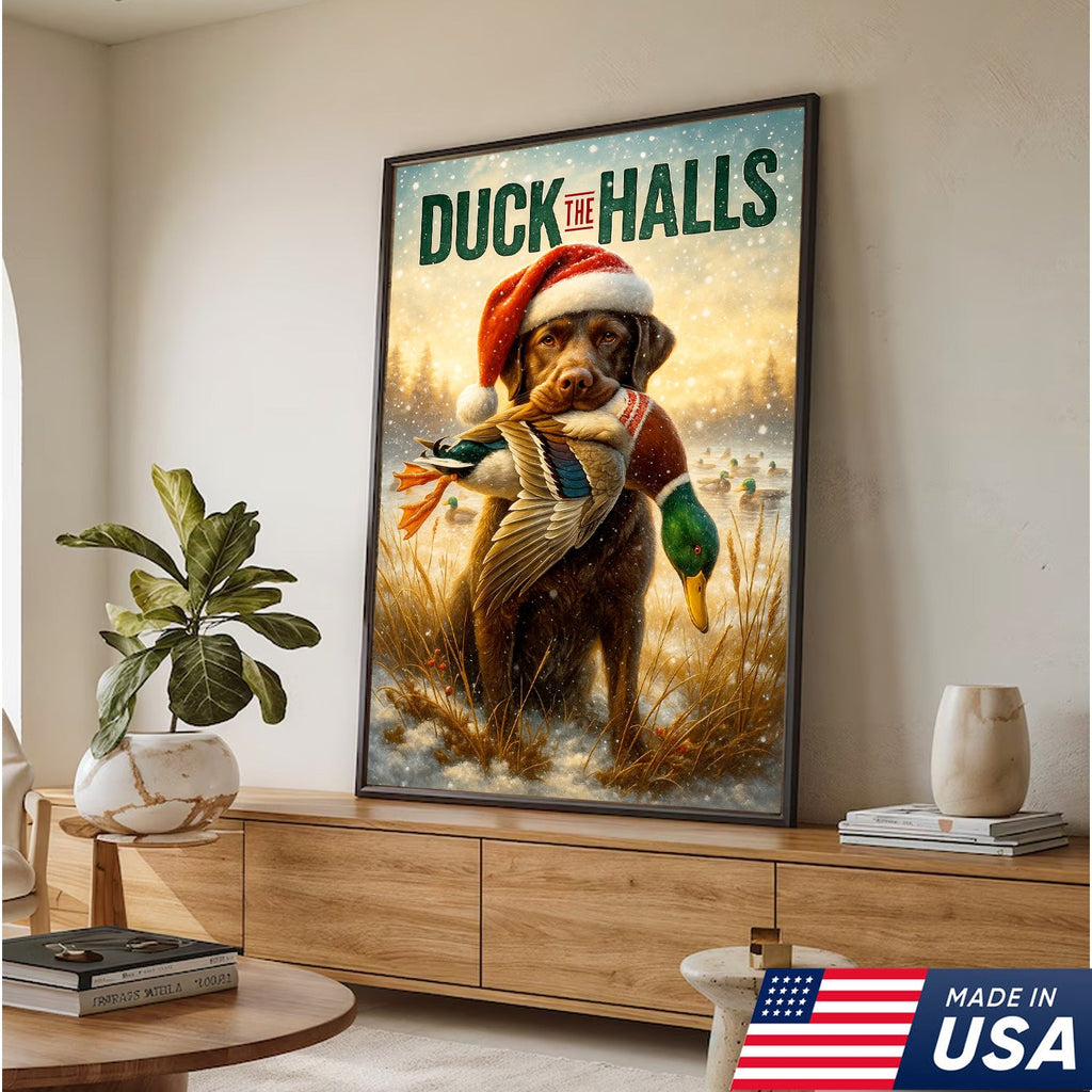 Duck The Halls Christmas Hunting Dog Canvas Art, Funny Holiday Wall Decor for Hunters