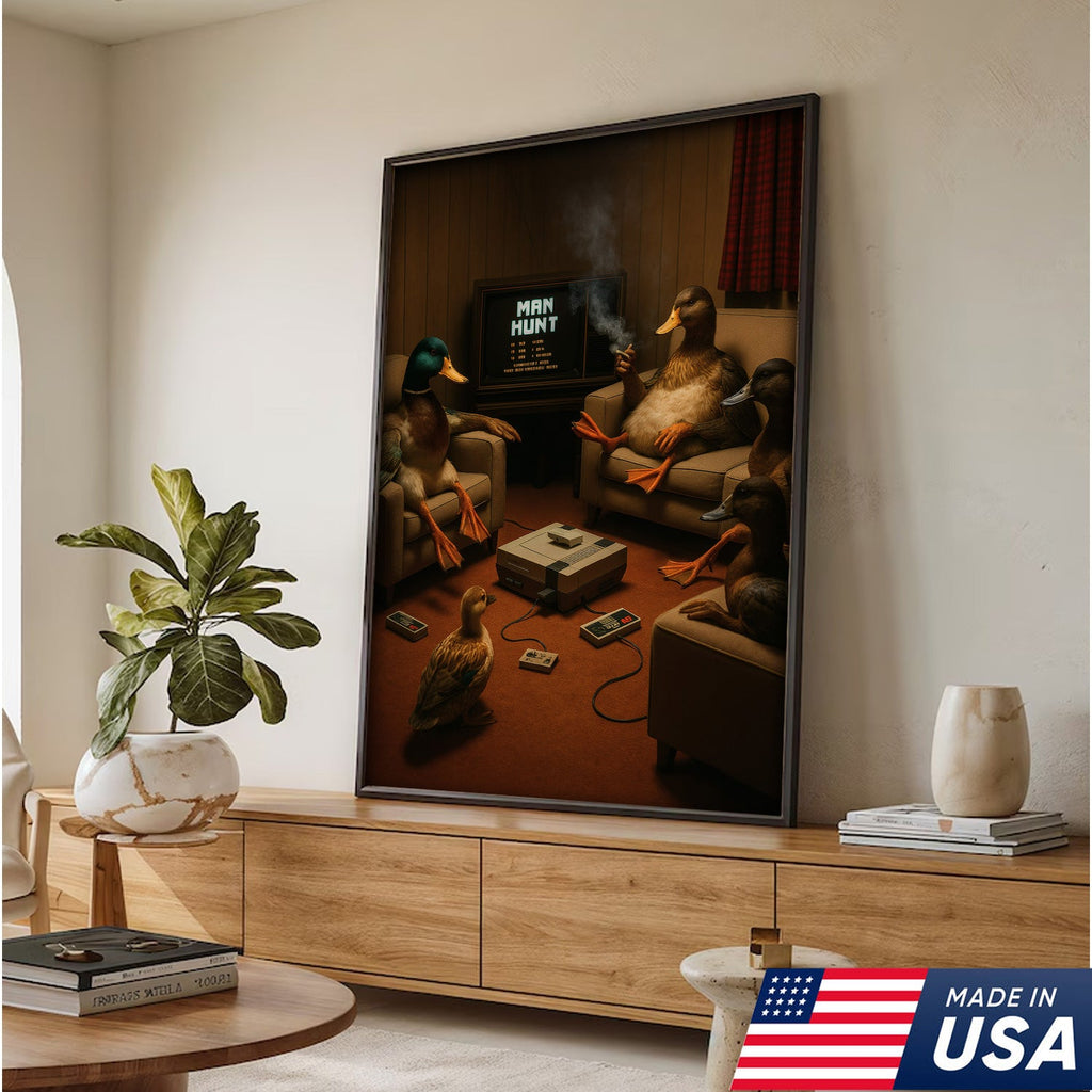 Funny Duck Hunter Retro Canvas Wall Art– Man Hunt Vintage Game Room Wall Art for Hunters