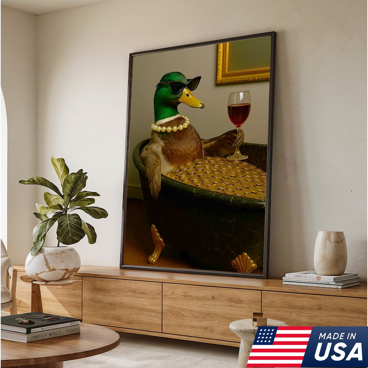 Luxury Duck Canvas Art – Funny Rich Duck in Gold Bathtub, Glam Animal Portrait Wall Decor