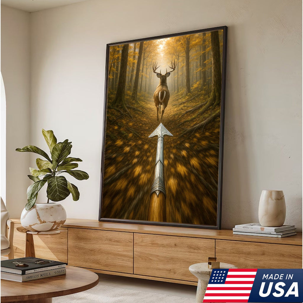 Deer Bow Hunting Canvas Wall Art, Arrowhead Forest Scene Artwork, Rustic Cabin Decor for Hunters
